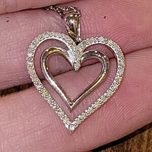 SUN 925 Sterling Silver Double Heart Pendant Necklace Pave Accents Silver Tone